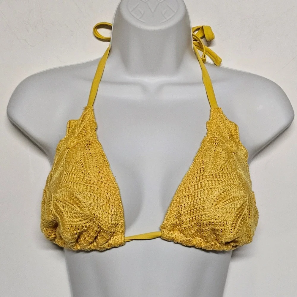Shade & Shore Yellow Crochet Embroidered Triangle Bikini Top Large Halter‎ Tie